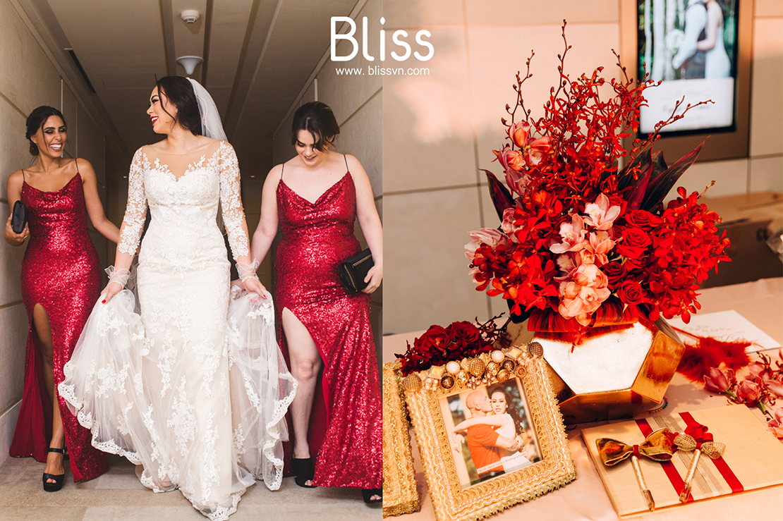 trang trí tiệc cưới tone đỏ rượu bliss wedding planner